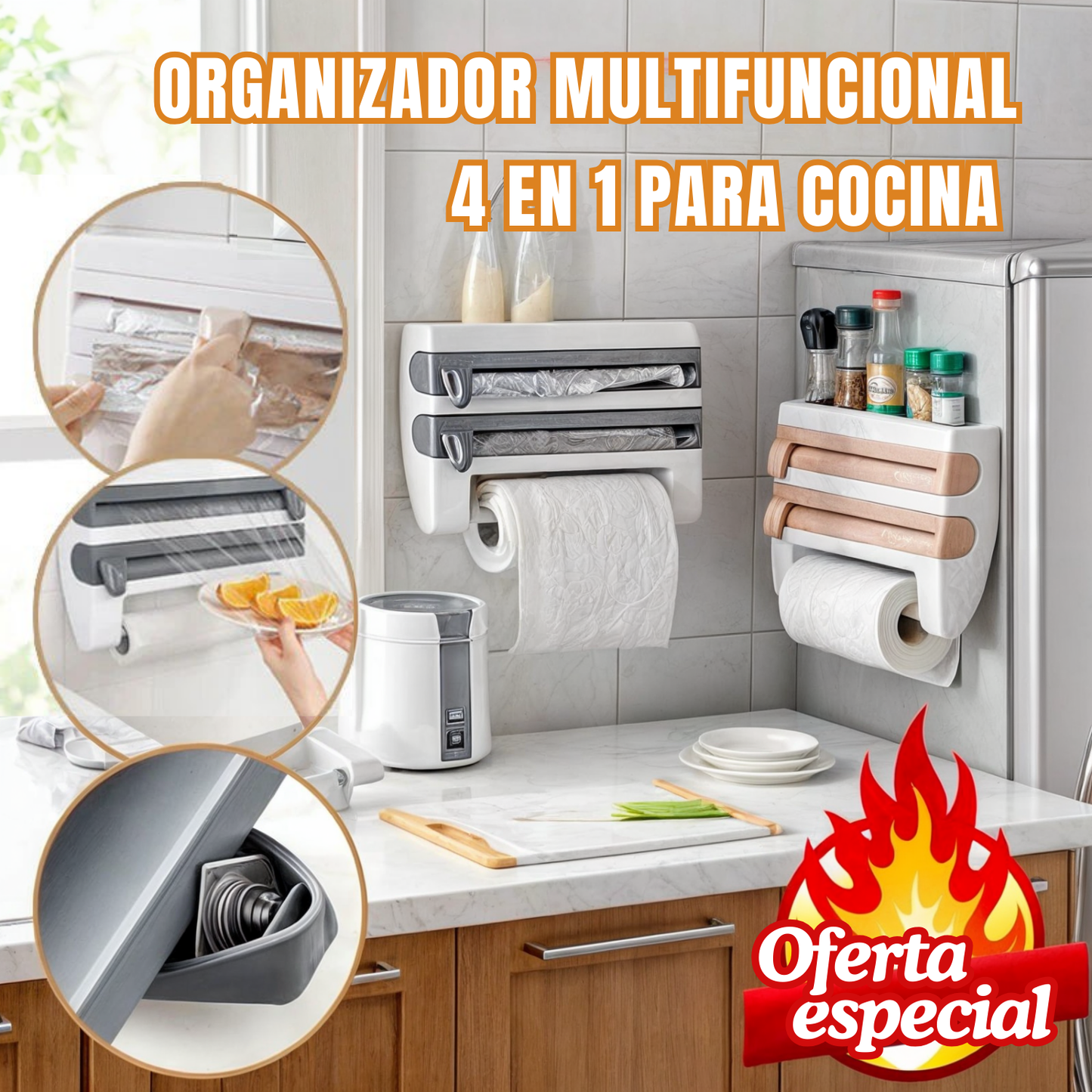 Organizador Multifuncional 4 En 1 Para Cocina (Papel Toalla, Film, Papel Aluminio y Porta Condimentos)