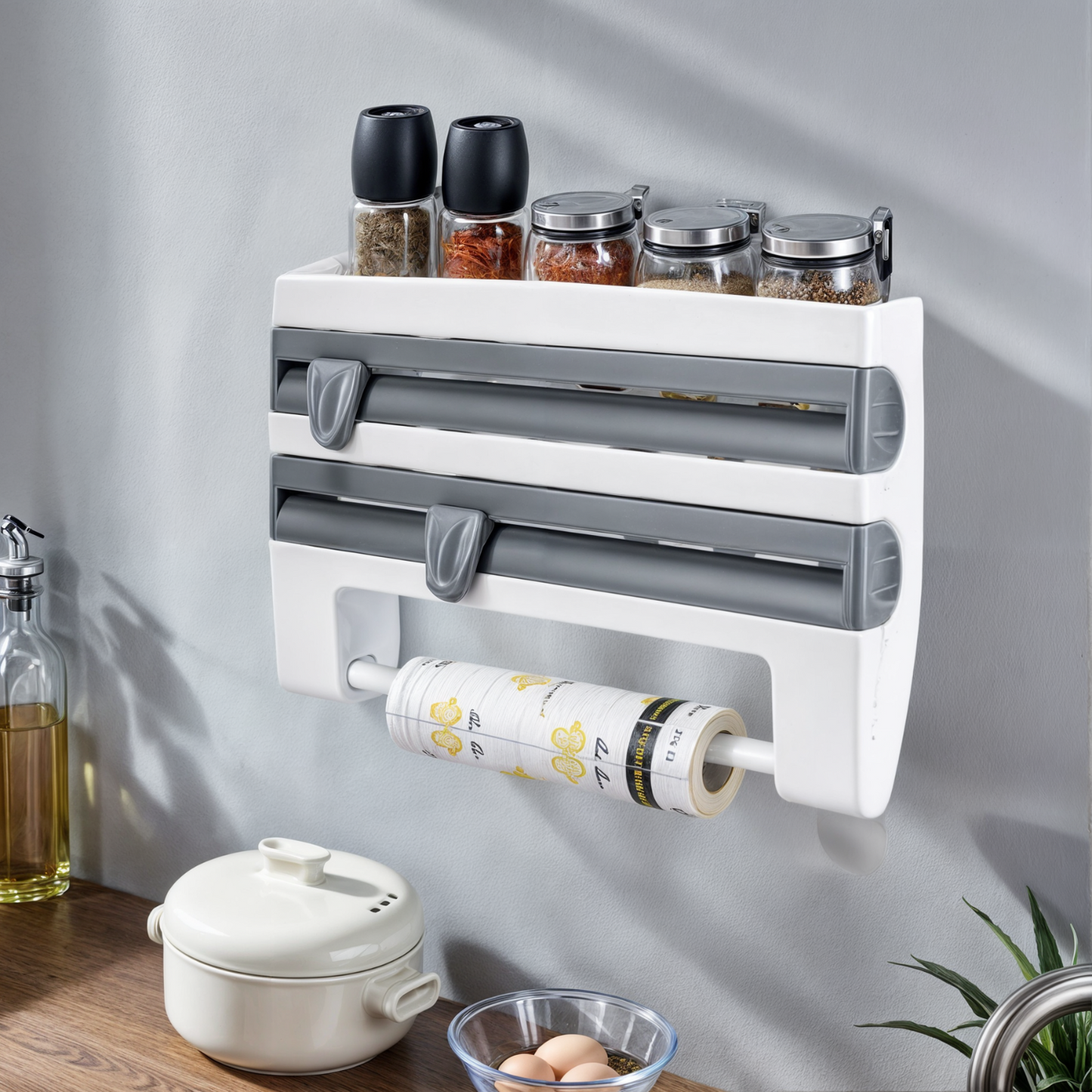 Organizador Multifuncional 4 En 1 Para Cocina (Papel Toalla, Film, Papel Aluminio y Porta Condimentos)